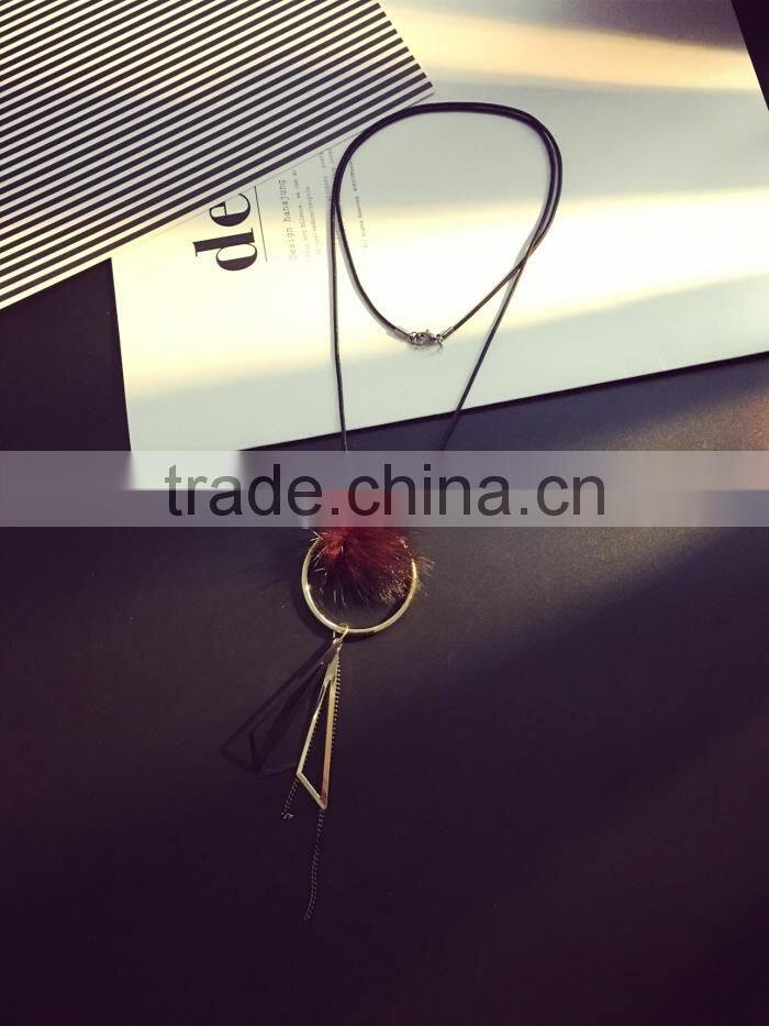 mink fur ball hoop triangle pendant necklace hot selling geometric necklace