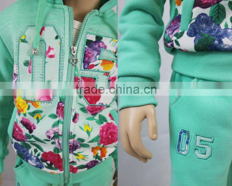 2016 Girls Clothing Set Flower Print Children's Hoodies Jackets+Long Sleeve Inner Shirt+Trousers Three-Piece Suits Kids