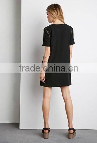 Hollow out embroidery straight dress with short sleeves