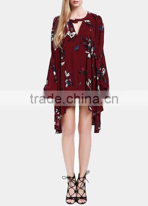 2017 Deep-v floral printed loose long sleeve sexy chiffon dress for lady