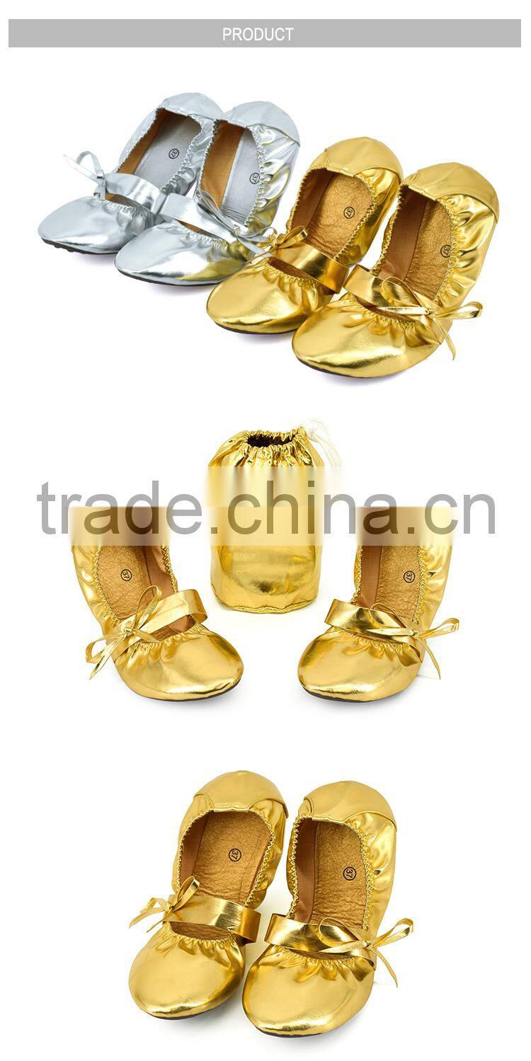 2017 shiny folding girls women soft ballet shoes PU ballet dance shoes