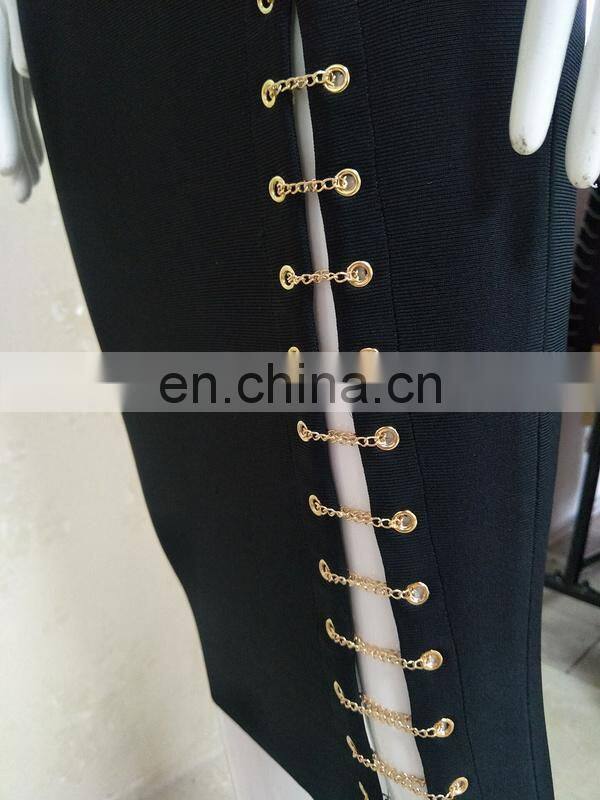 Women Halter Sleeveless Deep V Neck High Split Black Sexy Bodycon Club Party Dresses