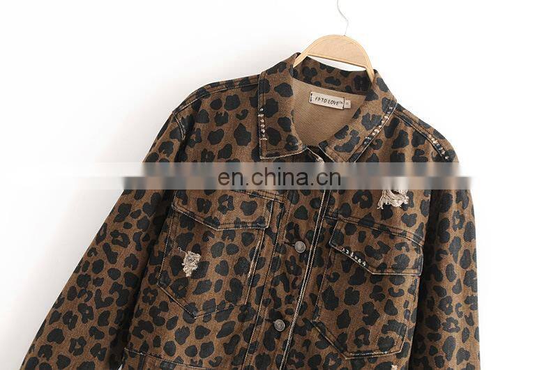 2020 New Design Women's Denim Jean Cropped Leopard Print Bomber Jacket