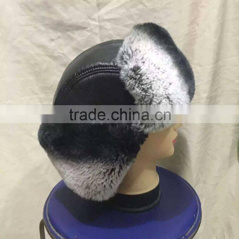 Russian Style Genuine Leather Hat With Real Rex Rabbit Fur Bomber Hat Winter Hat