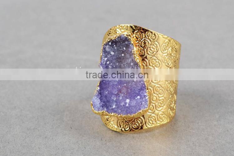 Golden hammered wide druzy ring cocktail ring adjustable band gemstone ring with stone