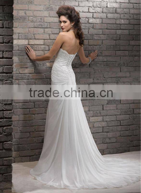 2015 New Custom Made Applique Pleat Crystal Lace Chiffon Beach Wedding Dress