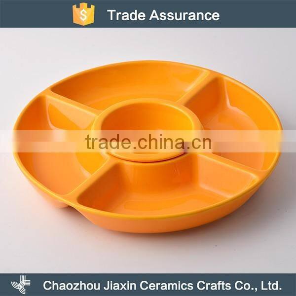 Household use durable round 5 compartment ceramic snack dishes
