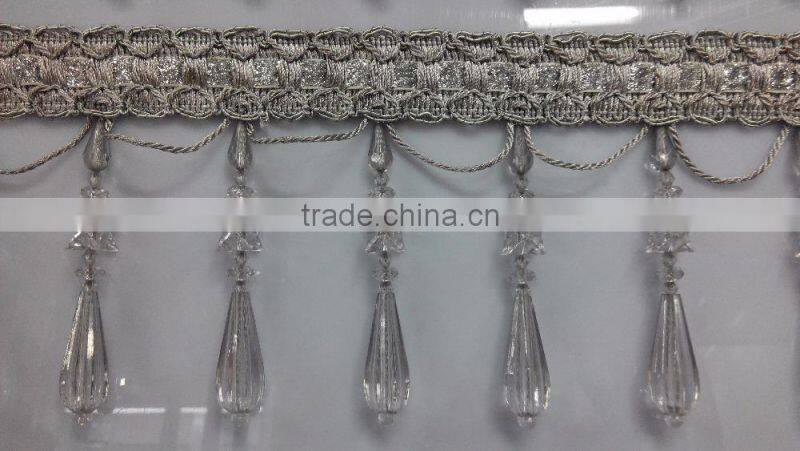 black curtain tassel fringe with beautiful beaded trim,polyester beaded fringe