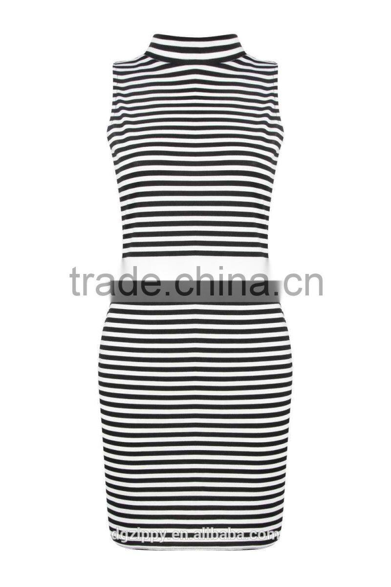 New fashion lady dress bodycon fit dress tripe high neck fashion dress 2015