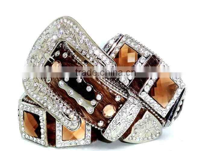 Brown Brindle Prism Concho Real Glass Crystal Rhinestone Belt