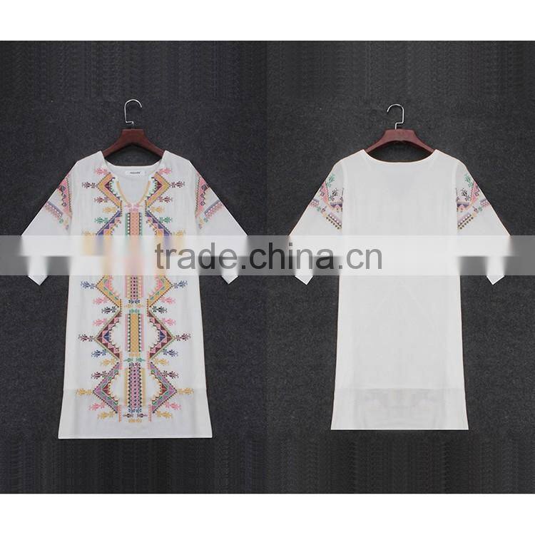 2016 Summer Fashion Women Midi Dresses Ladies Cotton Linen Half Sleeve Ethnic Embroidery Short Frock White Women Dress Model