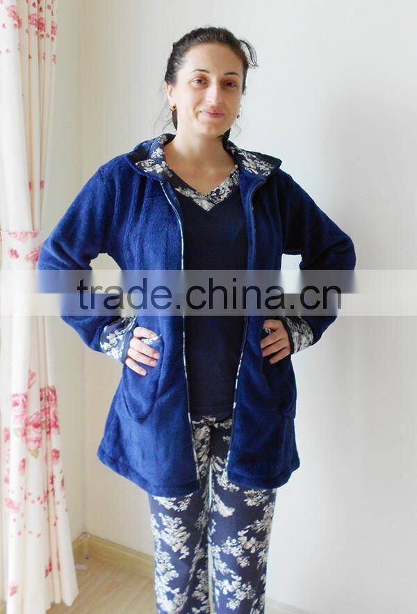 Kevince flannel & interlock pyjamas 3pcs set knitting womens pajama navy flower 1000pcs up OEM factory directly