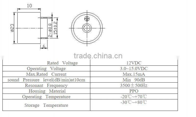 23x10 mm Piezoelectrotic buzzer 12V DC buzzer China buzzer manufacture