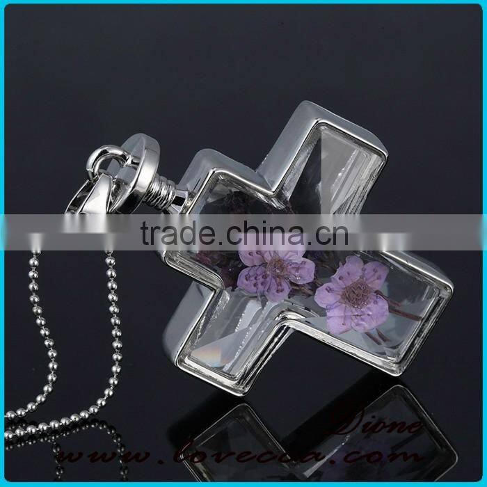 Fashion Latest Design Golden Cross Real Dried Flower Necklace Crystal