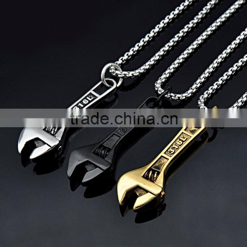 2016 Hip hop Gold Necklace Mens Silver Black Gun Plated Stainless Steel Wrench Pendants Charm Jewelry