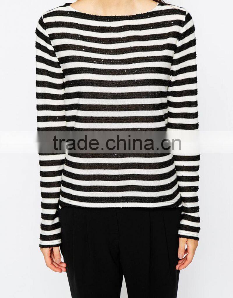 New Fashion Woolen Handmade Stripe Sweater Designs For Ladies Long Sleeves Asymmetric Pattern