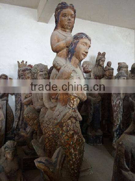 hot sell made wooden carving double mermaid,Antique wooden statues,Religious sculptures