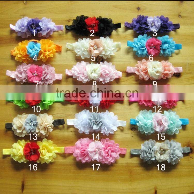 chiffon flower with pearl rhinestone in center for kids hair accessories