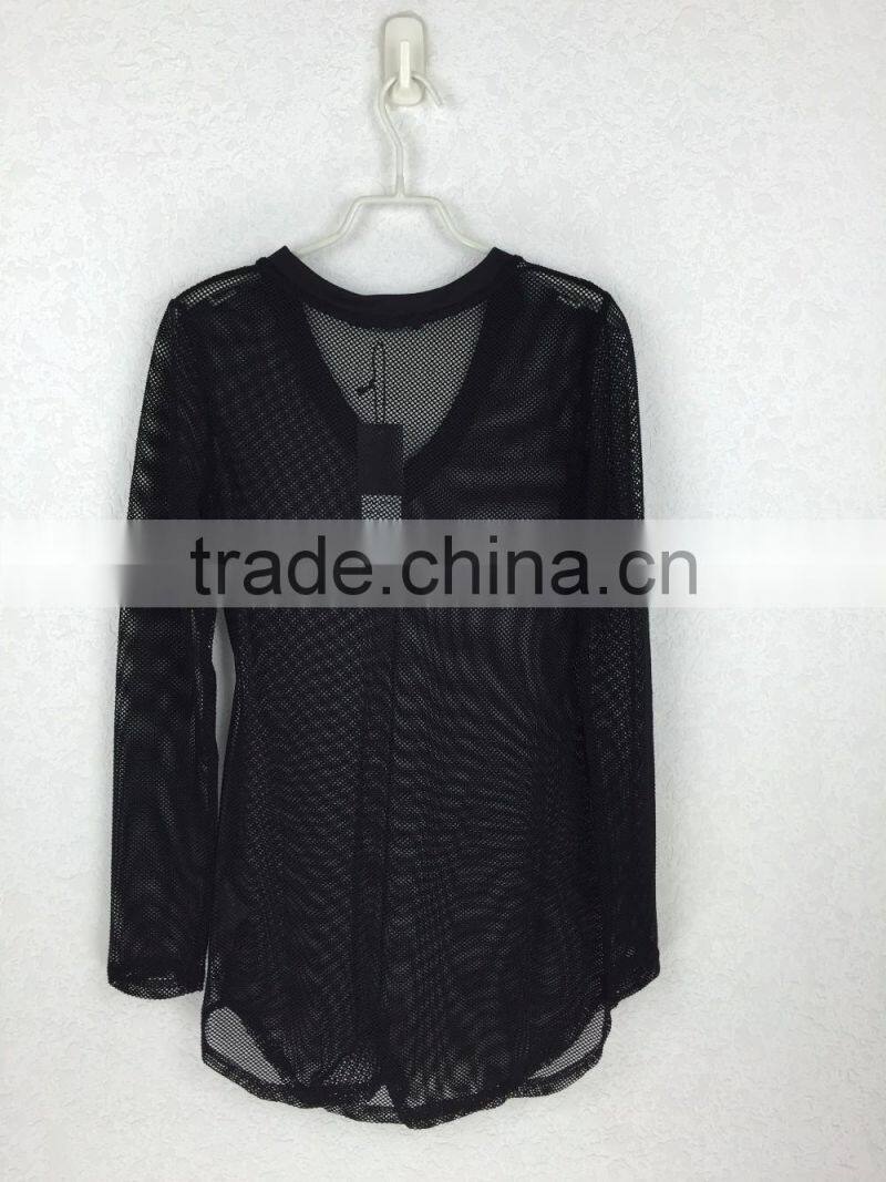 Original design lady v-neck sheer blouse long sleeve black mesh fabric blouse