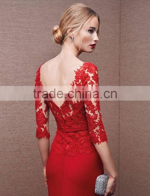 long sleeve nude evening red prom dress with sleeves