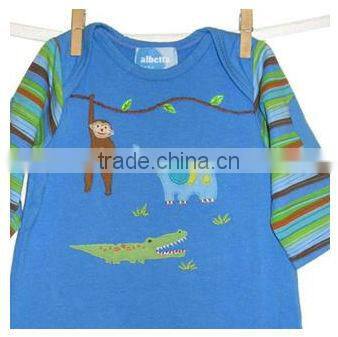 Animal applique baby cotton rompers stripe sleeves infants summer jumpsuit