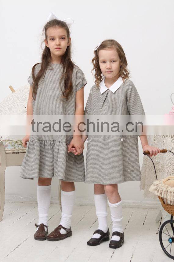 wholesale children's boutique clothing spring summer girl dress of 9 years old half sleeve peter pan collar vintage linen dress