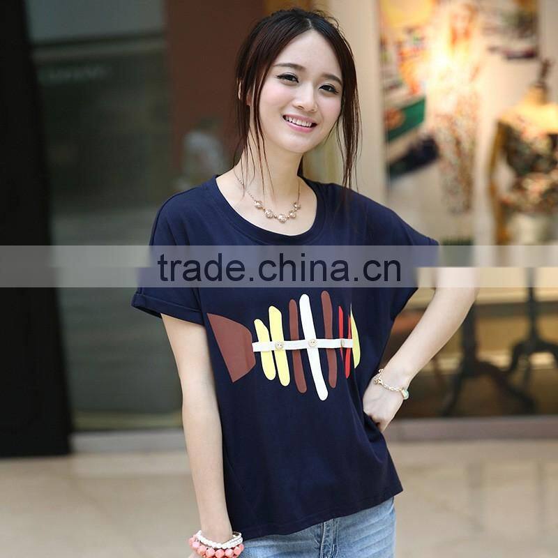 wholesale loose casual short sleeve round neck summer printing Stretch cotton T shirts for women