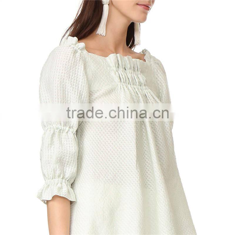 Soft allover puckered weave mint linen stripe blouse
