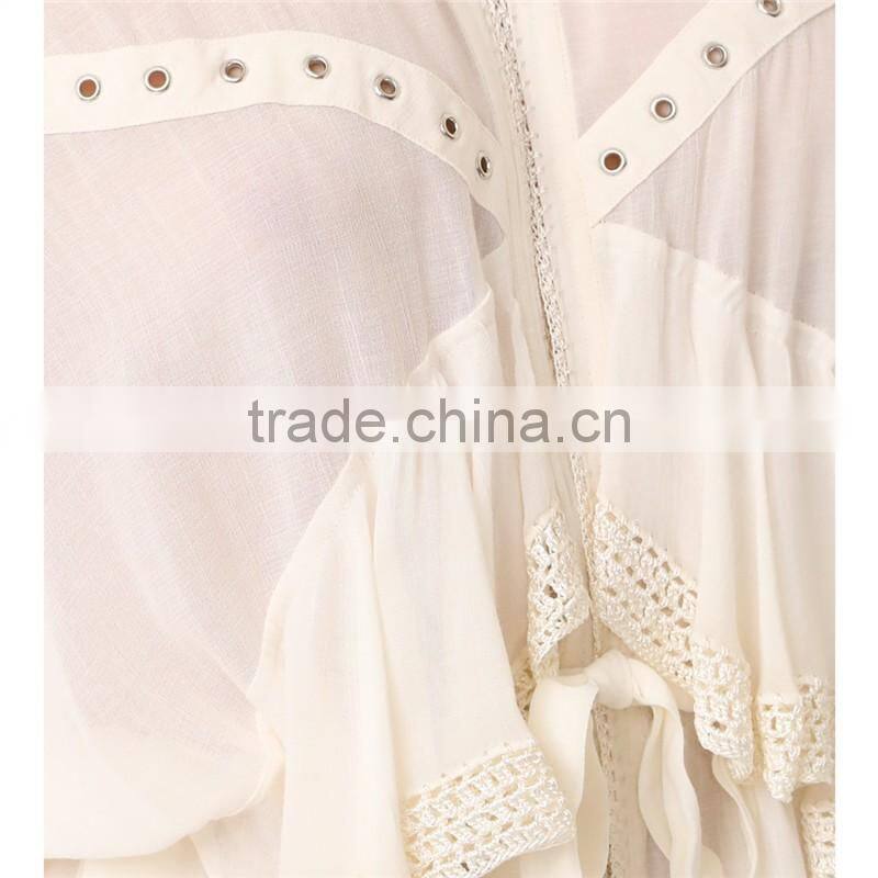 2017 OEM Lightweight Lace Trim Hem Wrapped Body Chiffon Blouse