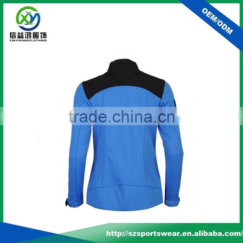 Fashional design blue with black nylon / polyester waterproof women jacket with white zipper