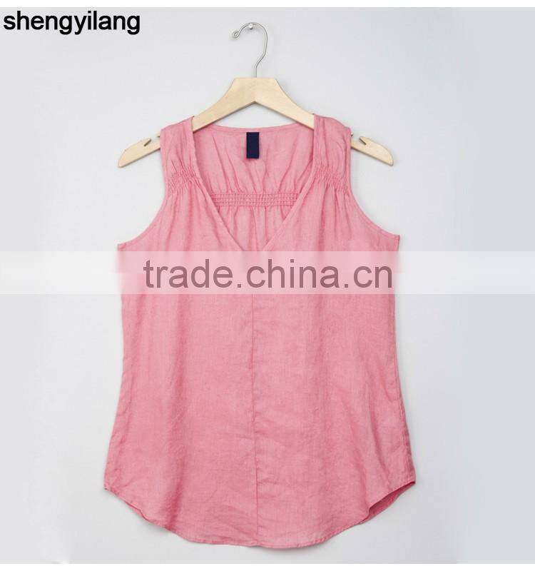2016 newest product pure color leisure 100% linen vest custom high quality comfortable ladies tops