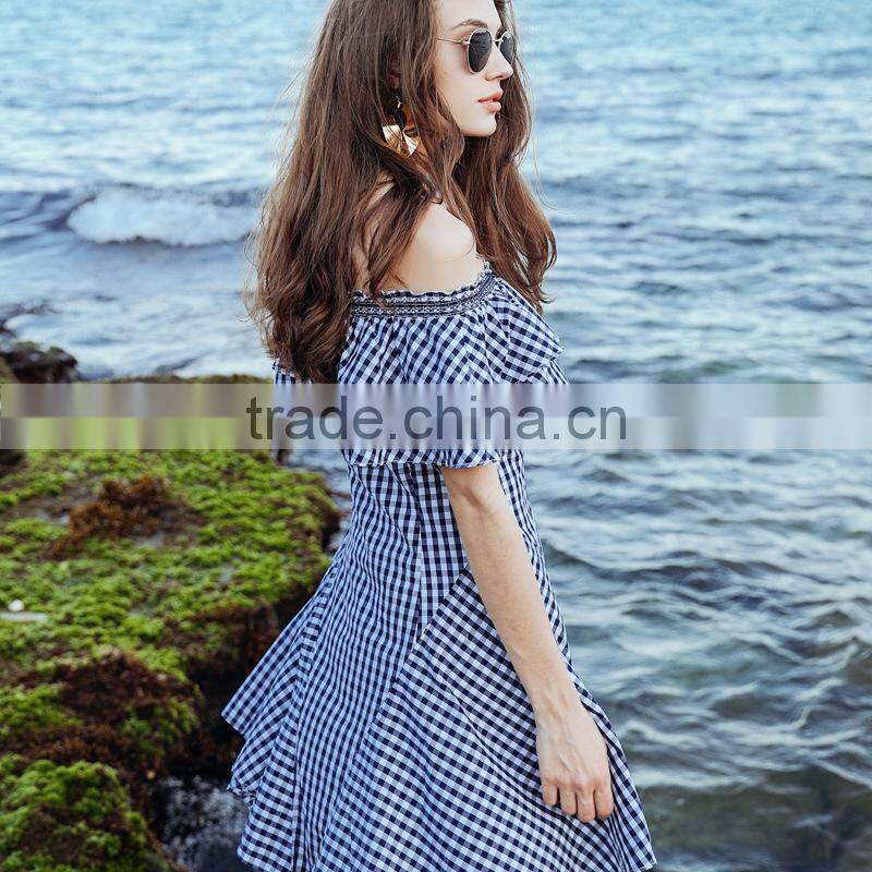 Dresses in casual Dresses Sweet And School Style Off Shoulder Blue&White High-Waist Slim Ruffle Dress