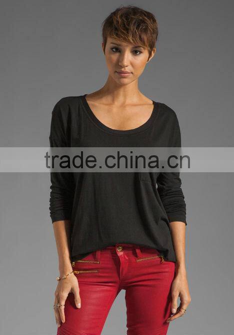 long sleeve pocket plain black t-shirts for women