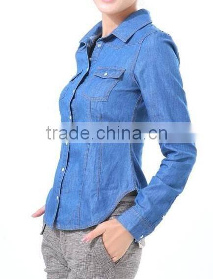new slim fit long sleeves denim dress shirts for women with two pockets