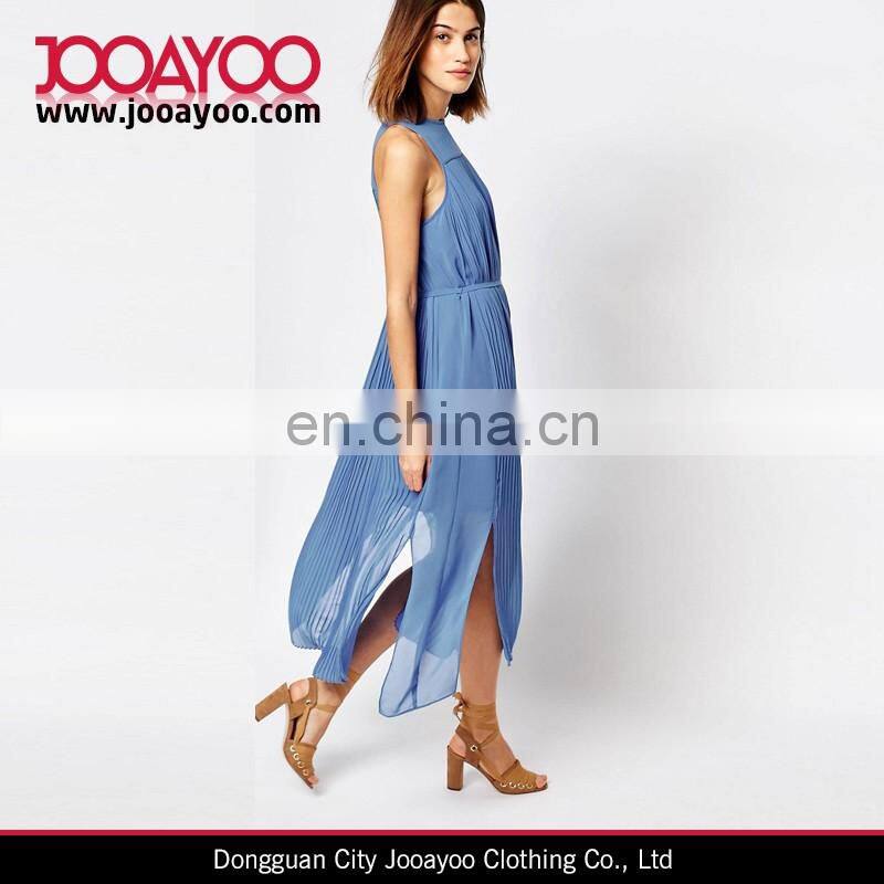 Chiffon High Neckline Slim Waist Leg Splits Back Button Midi Dress For Women