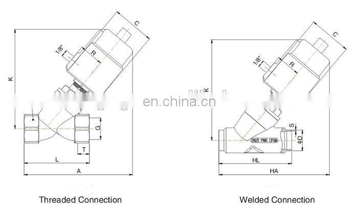 Stainless steel 304 PTFE seal stem pneumatic angle seat valve G3/4"