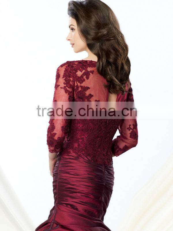 Elegant Long Sleeve Burgundy Taffeta Evening Dress For Mother Of The Bride