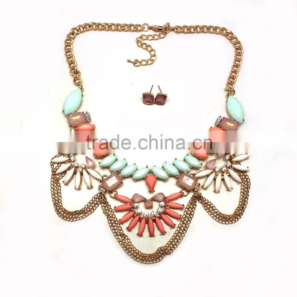 Fashion Necklace And Earring Set 2015 Acrylic Stones Casting Charms And Chains Choker Necklace New Gold Jewelry