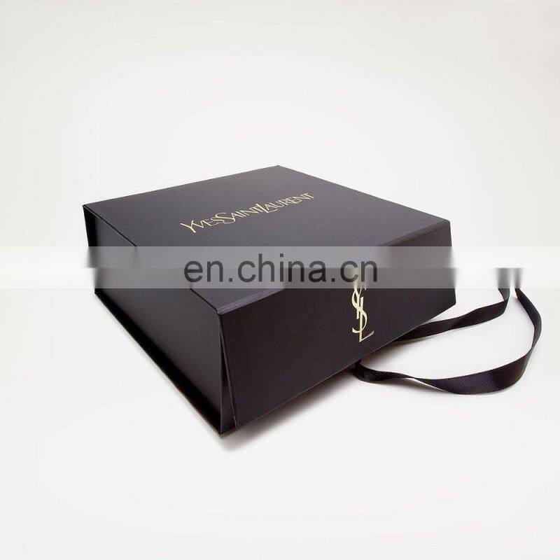 Custom black magnetic closure cardboard gift packaging box design with hot stamping logo