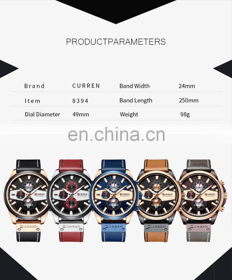 CURREN 8394 New Man Quartz Watches Wristwatches Business Clock Male Chronograph watch with leather