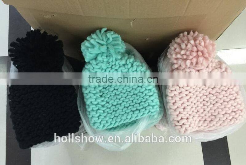 2016 Newest Fresh Macaron Color Thick Iceland Yarn Knitted Pom Pom Beanie Caps