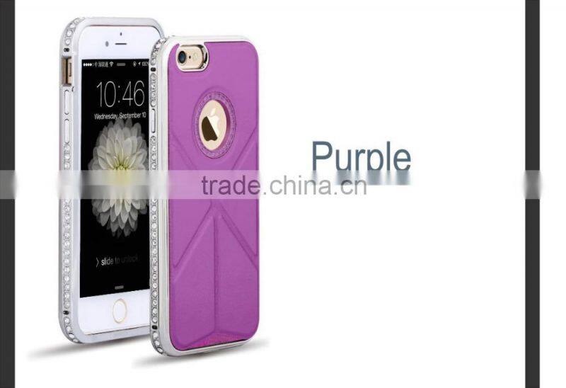 Luxury Plaid Pattern Cowhide Leather Back Cover with Kickstand Diamond Chrome Edged Bumper Hard Case for Iphone6 6plus