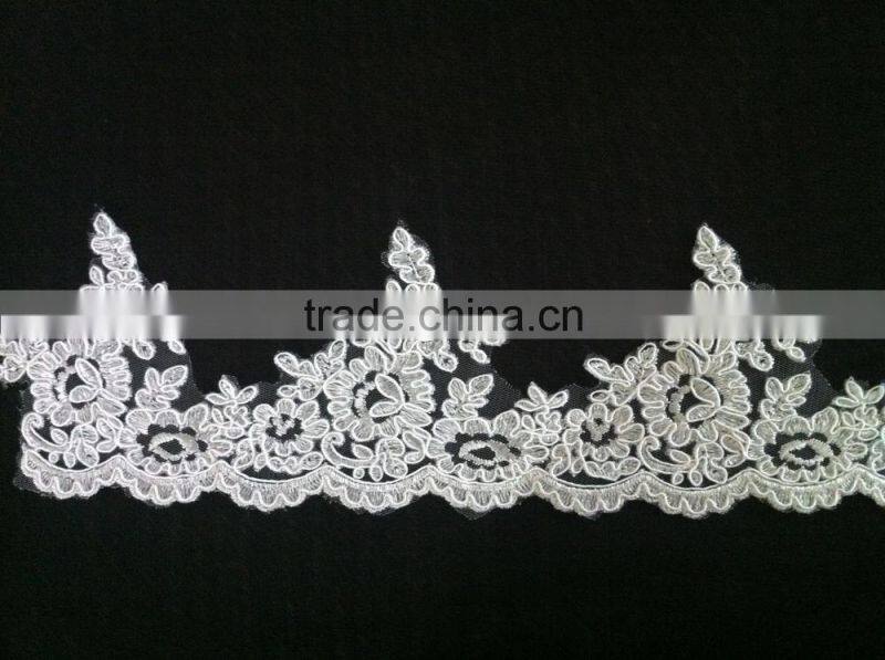 2015 new design wholesale white corded tulle lace bridal lace trim width 23cm
