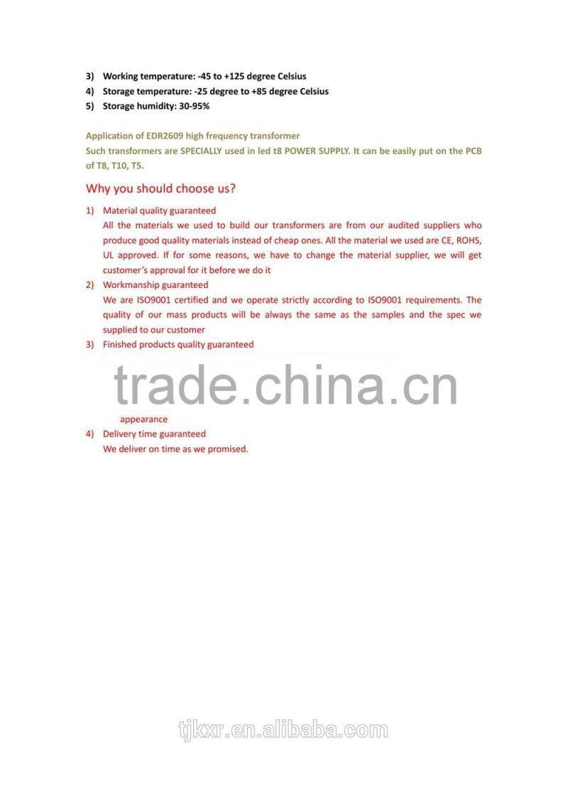 CE, ROHS approved, EDR2609 high frequency transformer