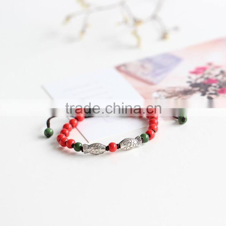 Japanese and Korean Style Jewelry Double Fishes Ceramic Beads Bracelet Animal Stone Bracelets for smart girls