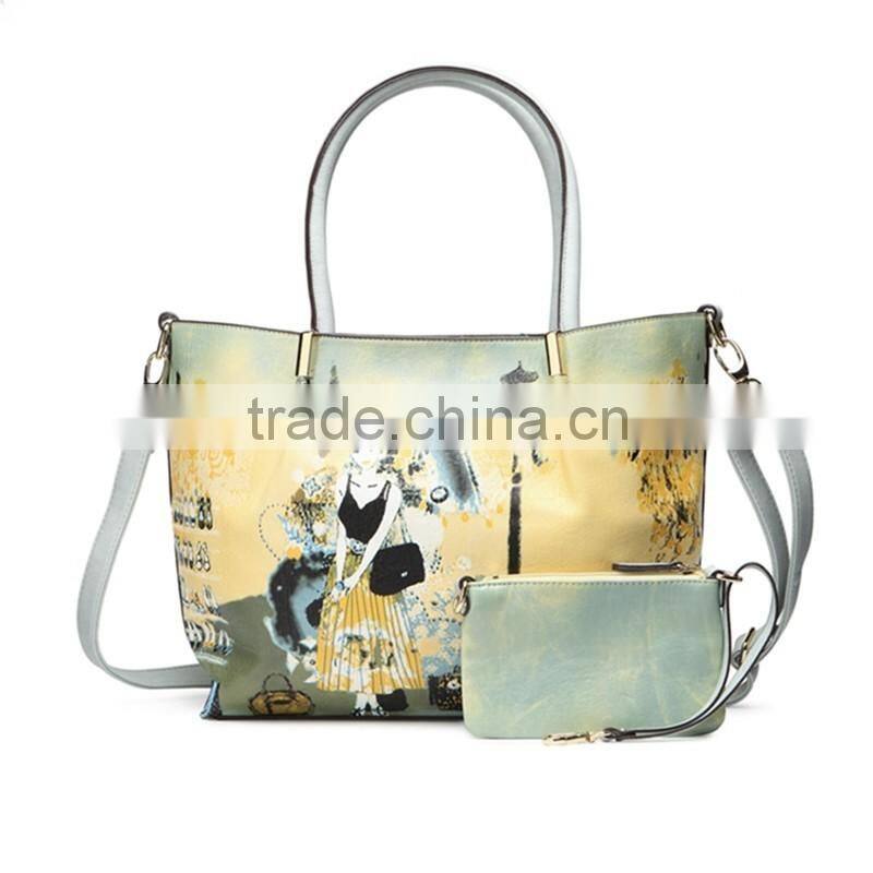 Trendy ladies printed shoulder bags leather handbags with printing pattern