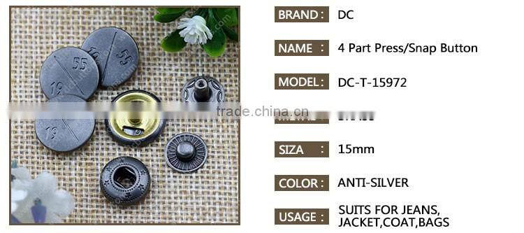 Metal Anti Silver Color Button Four Part Press Button for Jacket and Coat