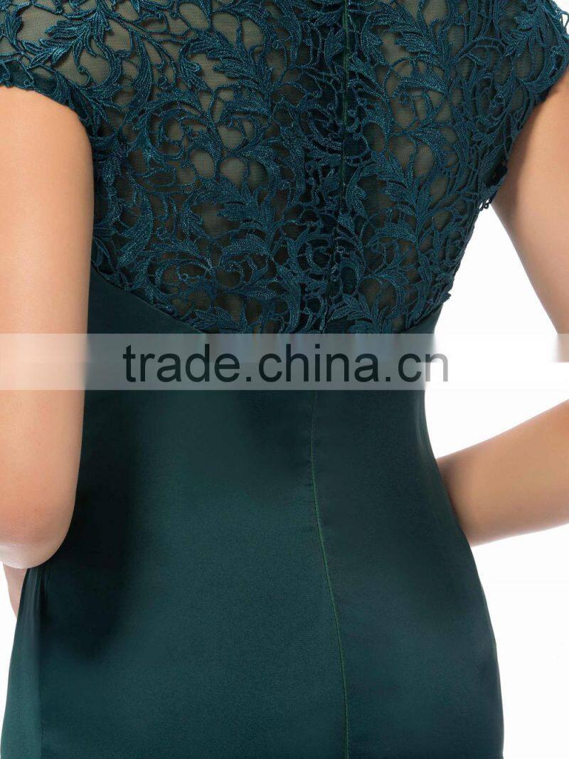 2015 Hot Sell Satin Cap Sleeves High Collar Lace Mermaid Elegant Knee Length Mother of the Bride Dress (DVMD-1256)