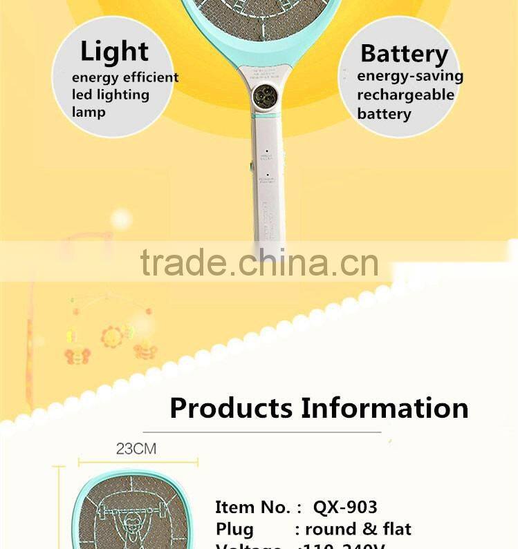QX903-1 rechargeable mosquito racket fly swatter with round or flat plug lithium battery operated