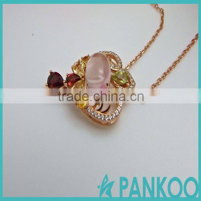 925 sterling silver gold-plated inlaid natural rose quartz and garnet olivine spray droplet-shaped unique design models pendant